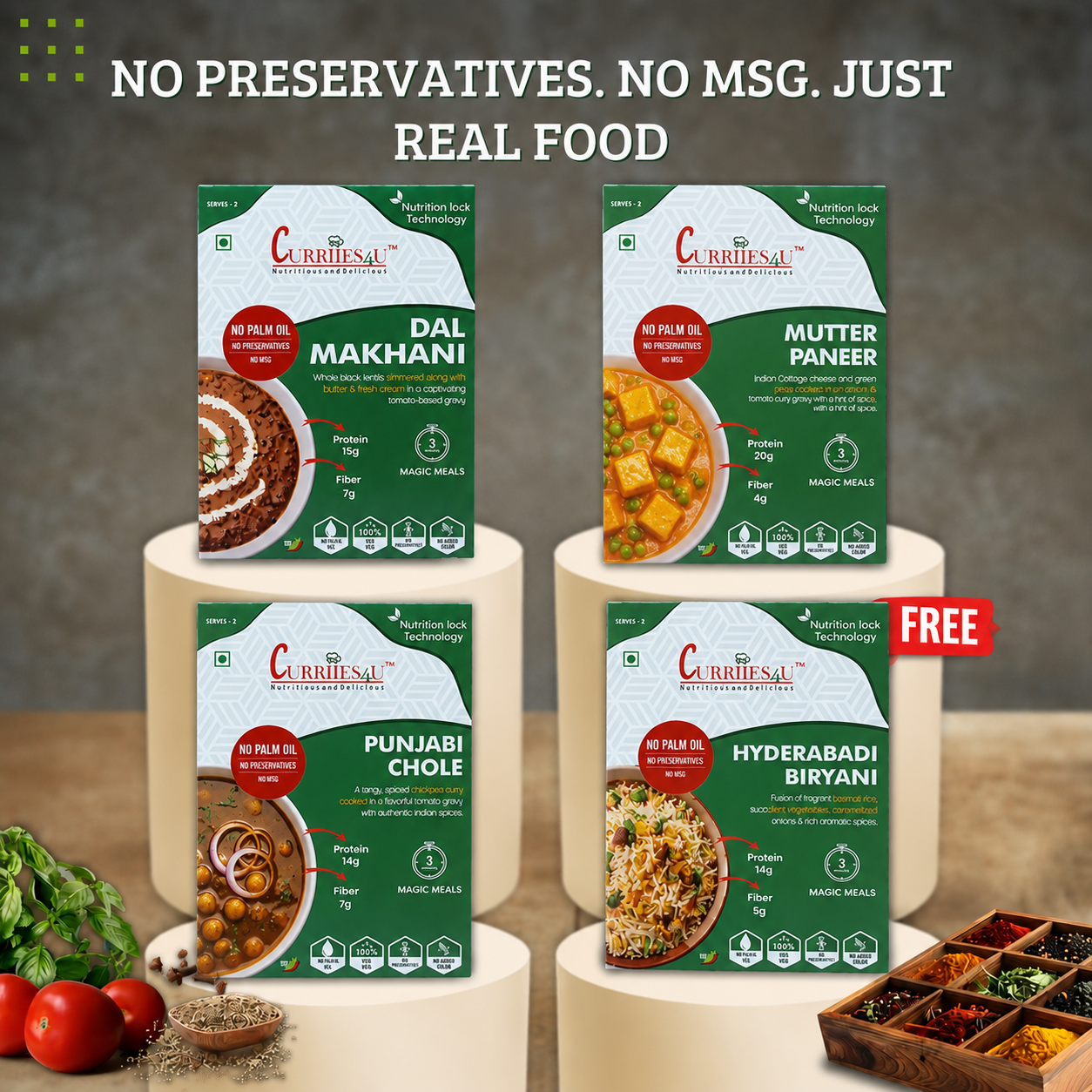 Curriesa food packages on stands with a freebie offer against a neutral background