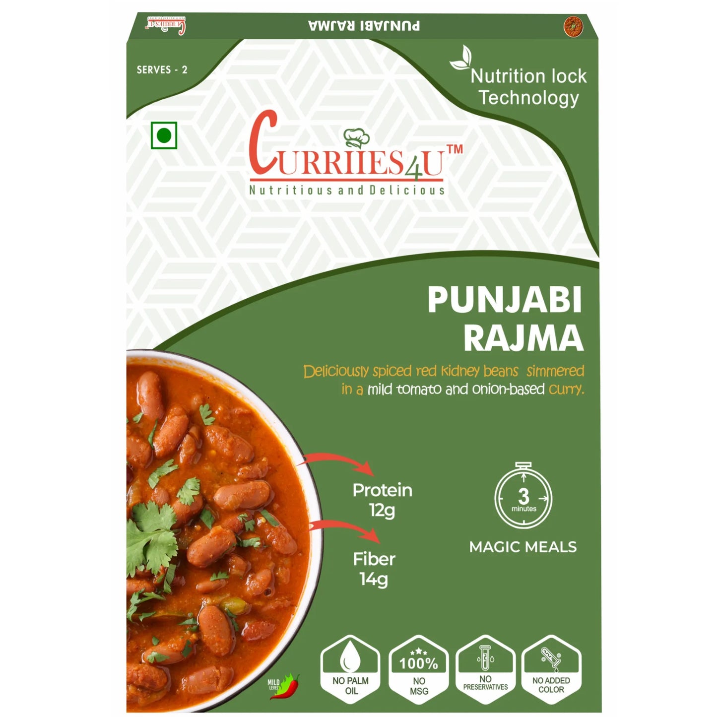 Punjabi Rajma – Authentic North Indian kidney bean curry in a rich, spiced tomato gravy. 100% preservative-free, MSG-free, and ready to eat in just 3 minutes. A healthy, protein-packed meal for busy lifestyles!