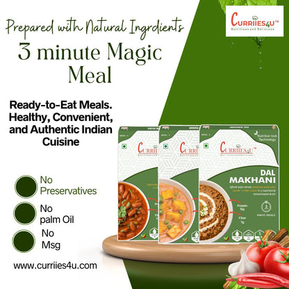 Ready-to-eat meal – Delicious, preservative-free, and MSG-free Indian meals, made with natural ingredients. Convenient, healthy, and ready in just 3 minutes. Perfect for busy lifestyles, students, and travelers!