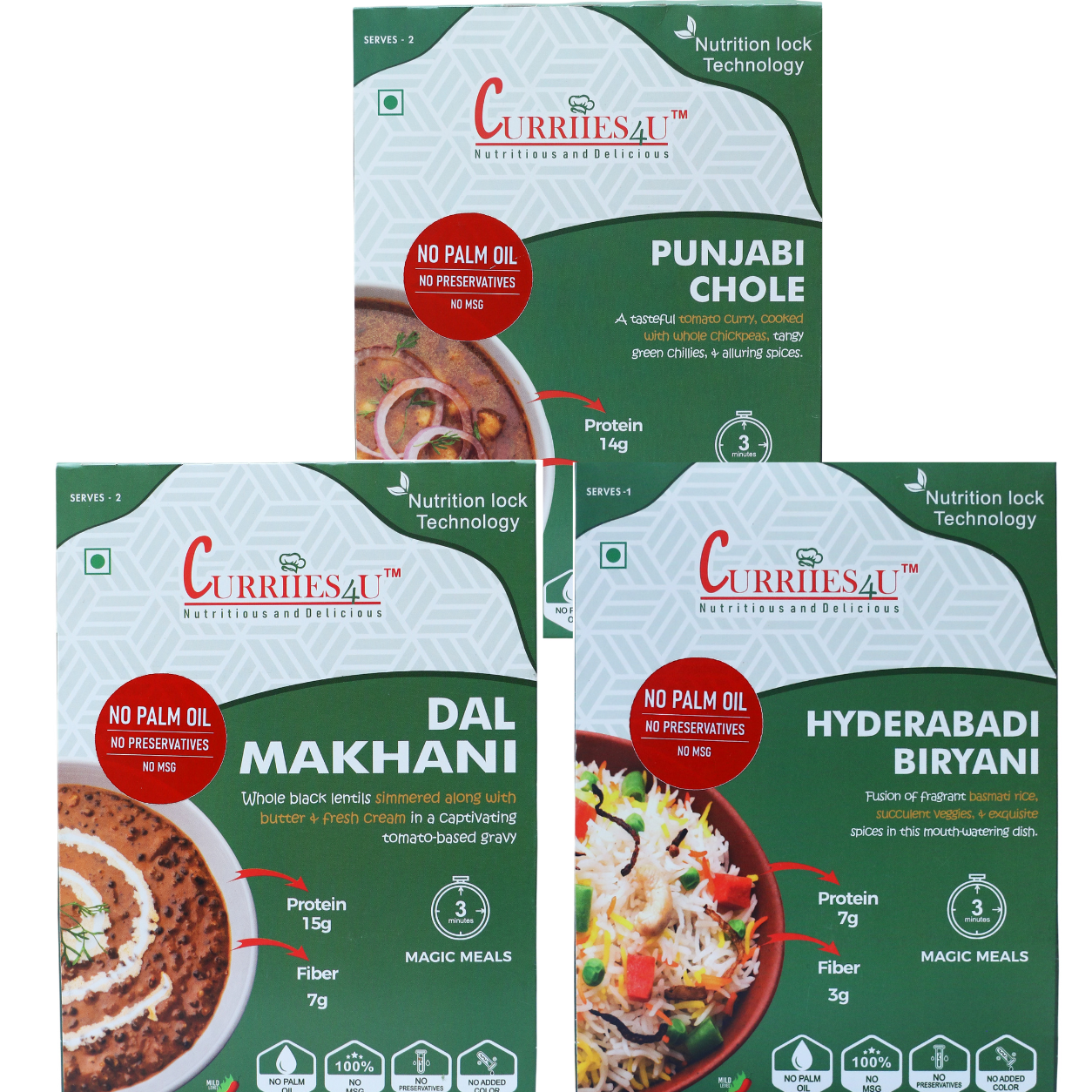 Biryani crafted using traditional recipes and premium ingredients.
NO PALM OIL, NO PRESERVATIVES, NO MSG – Clean-label ready-to-eat meals for health-conscious
