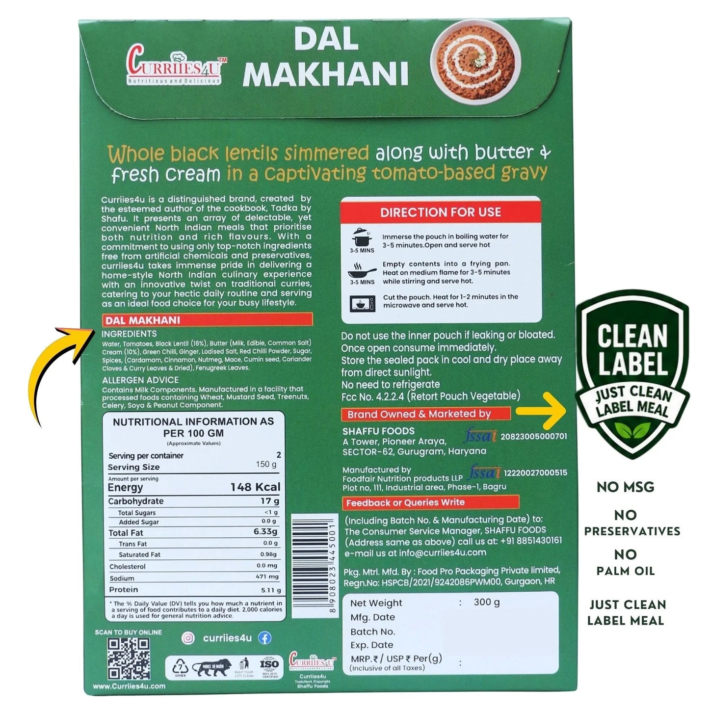 Curriies4u Dal Makhani ready-to-eat meal pouch back packaging with nutritional information and ingredients list.