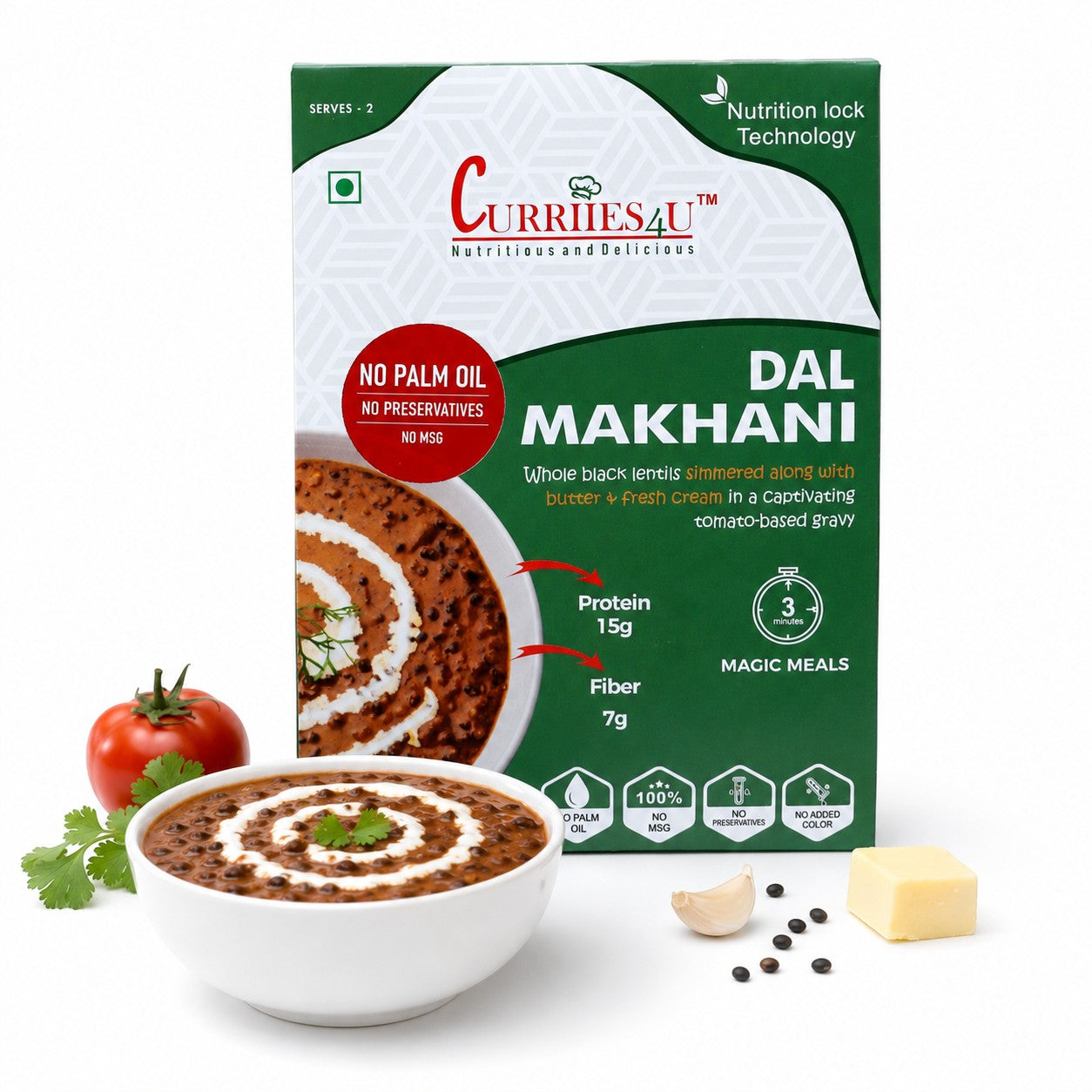 Curriies4u Dal Makhani ready-to-eat meal box with a bowl of creamy black lentil curry, tomato, butter, and garlic.