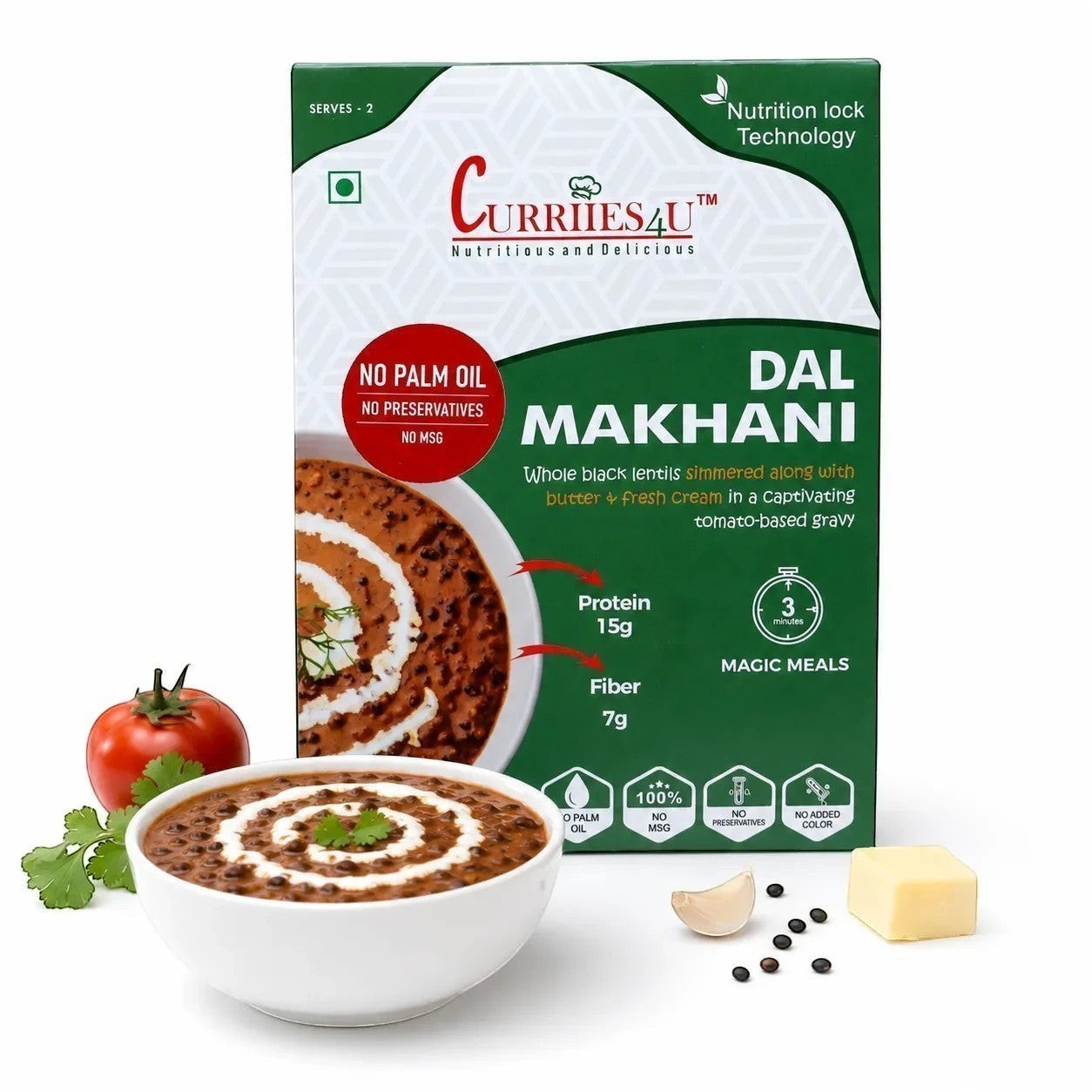 Curriies4u Dal Makhani ready-to-eat meal box with a bowl of creamy black lentil curry, fresh tomato, and butter.