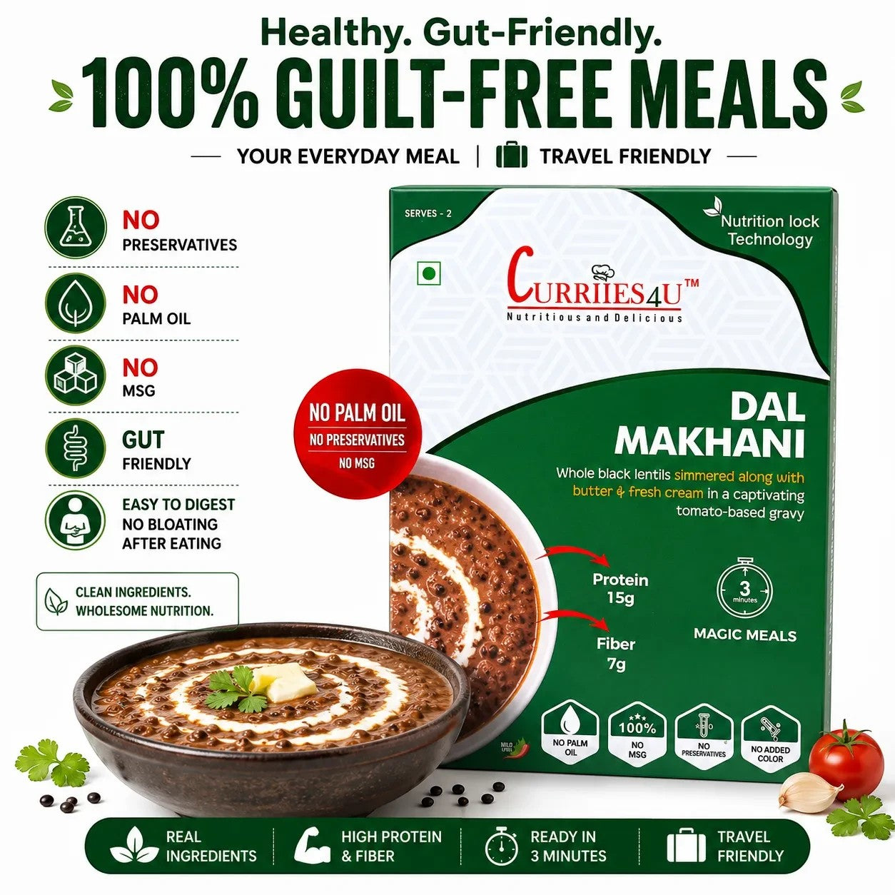 Curriies4u Dal Makhani ready-to-eat meal box with a bowl of creamy black lentils, highlighting clean, healthy ingredients.