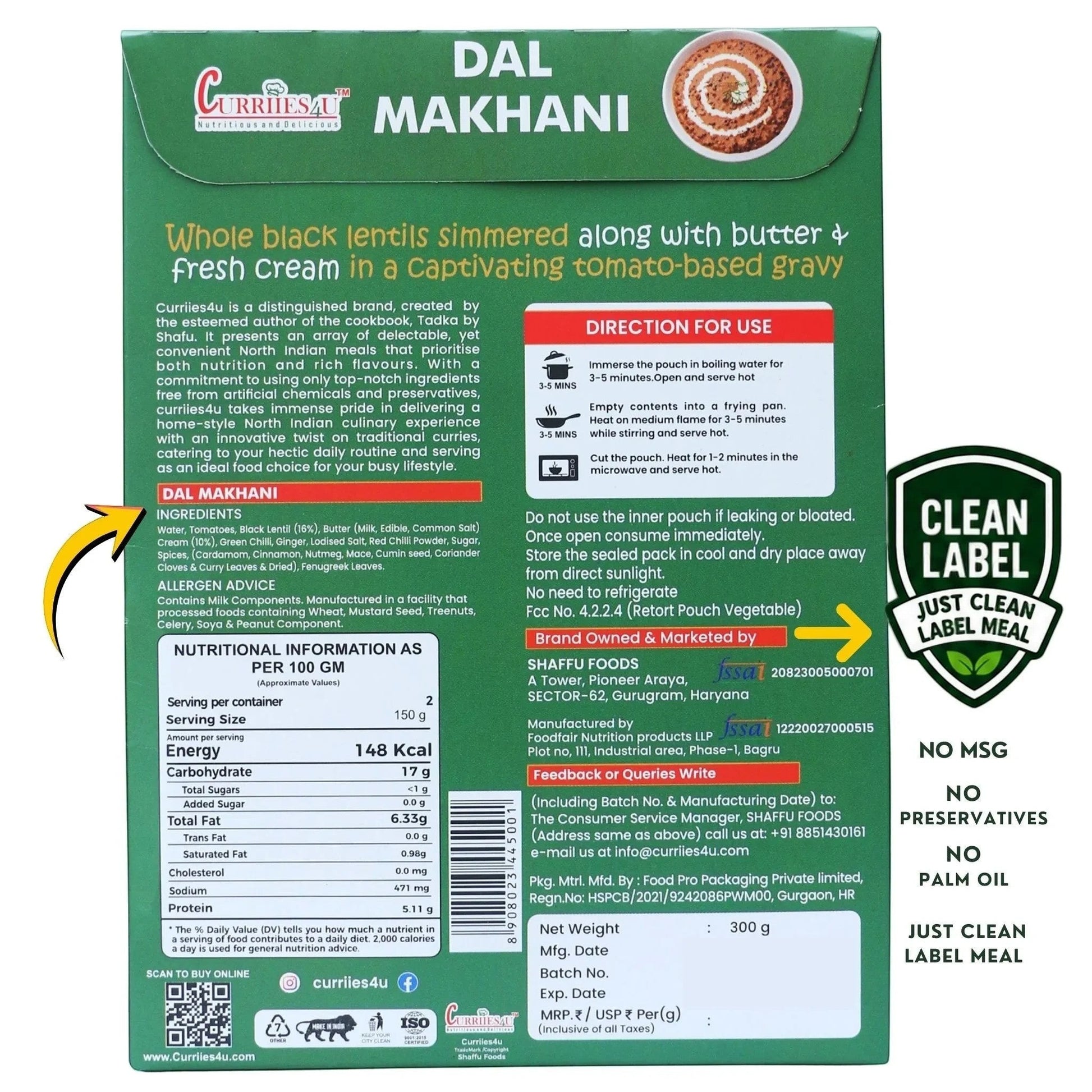 Curriies4u Dal Makhani ready-to-eat Indian meal packaging with nutritional information and clean label details.