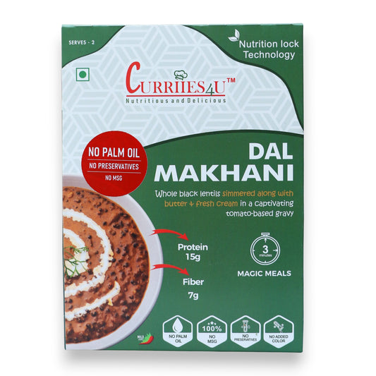 Curriies4u Dal Makhani ready-to-eat meal box featuring a bowl of creamy black lentil curry with nutritional details.