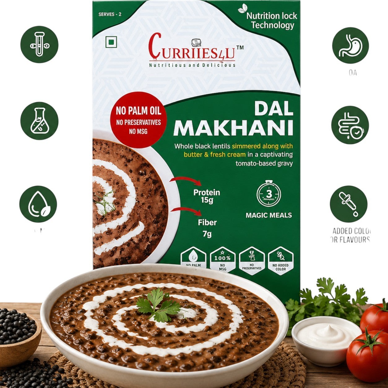 Curriies4u Dal Makhani ready-to-eat meal box with a bowl of creamy black lentil curry garnished with fresh cream.