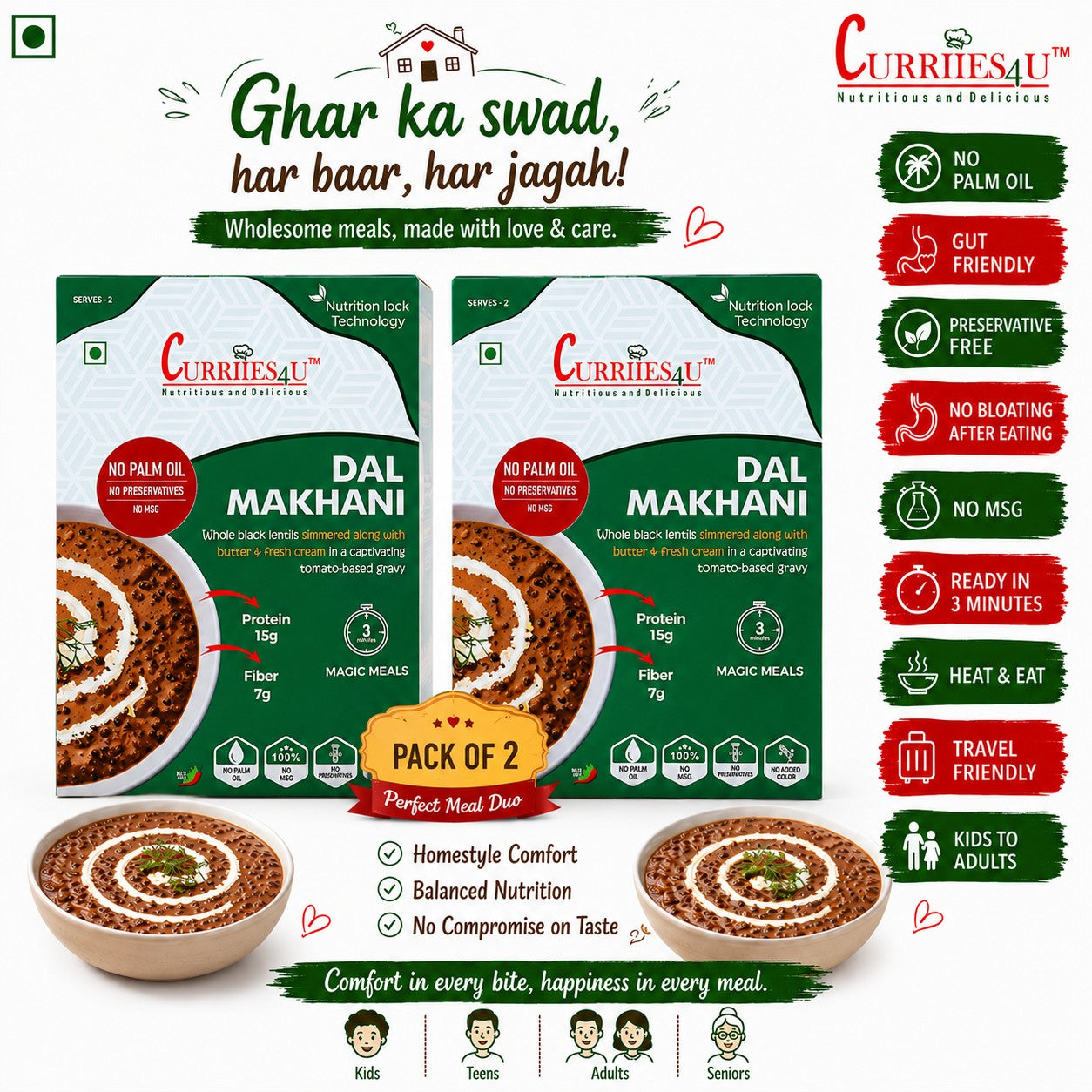 Curriies4u Dal Makhani pack of 2 ready-to-eat Indian meals with black lentils in creamy tomato gravy, no preservatives.