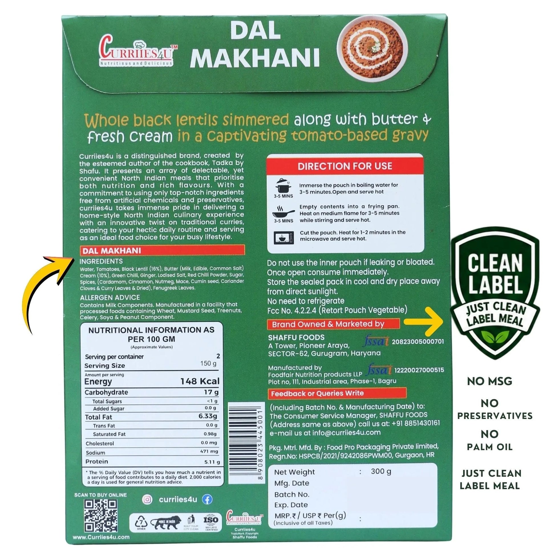 Back of Curriies4u Dal Makhani packaging showing ingredients, nutritional facts, and preparation instructions.