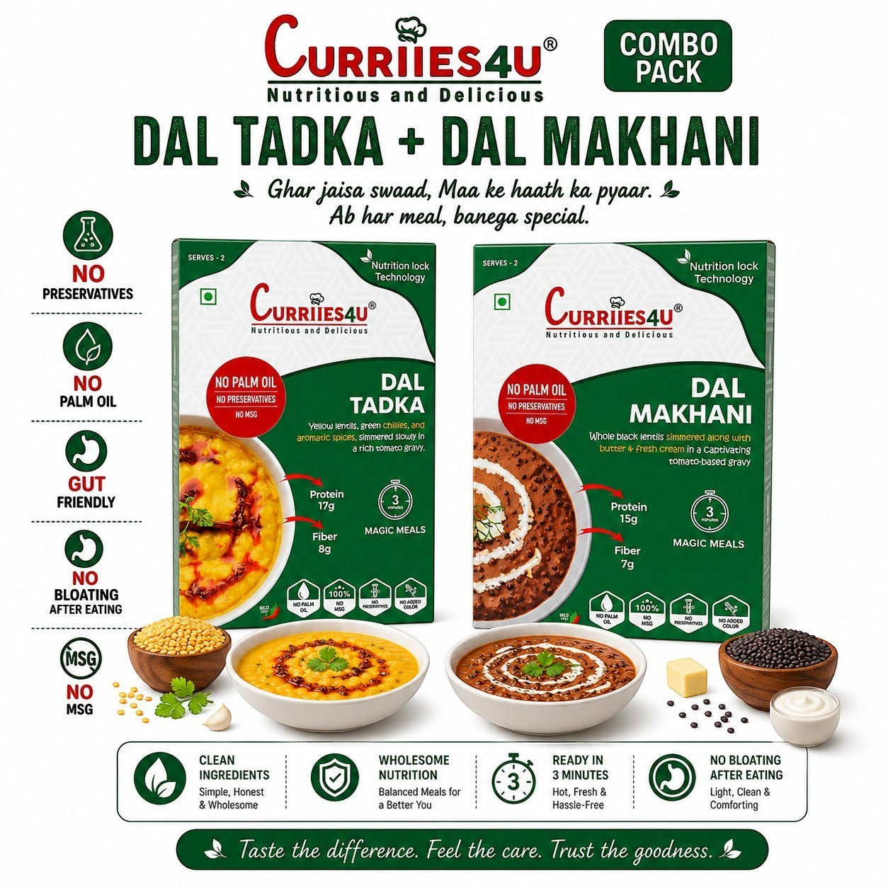 Curriies4u Dal Tadka and Dal Makhani combo pack with ready-to-eat Indian lentil dishes, preservative-free and healthy.