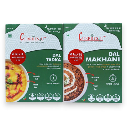 Curriies4u Dal Tadka and Dal Makhani combo pack, ready-to-eat Indian lentil meals with no preservatives or palm oil.