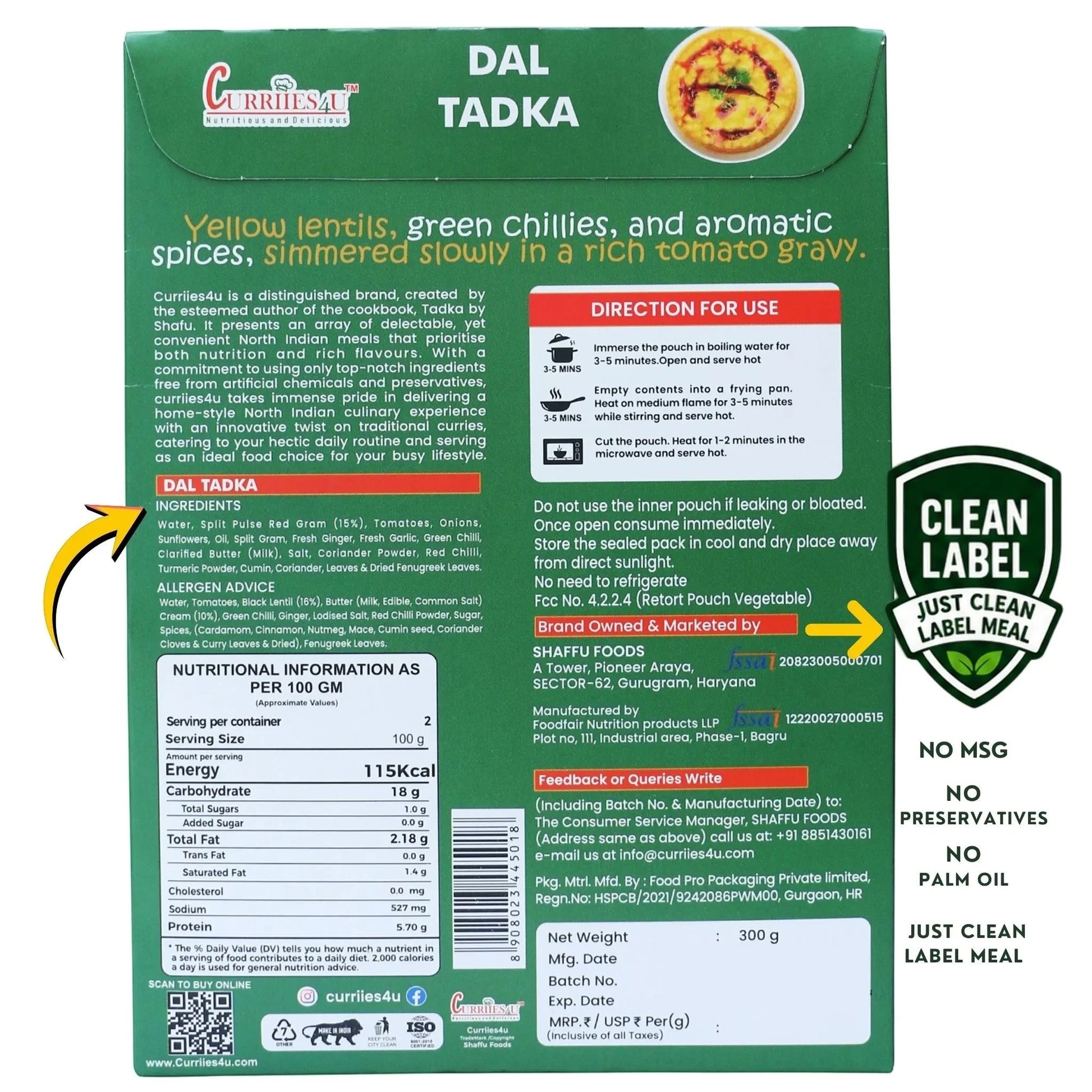 Curriies4u Dal Tadka ready-to-eat meal packaging with nutritional information, ingredients, and preparation steps.