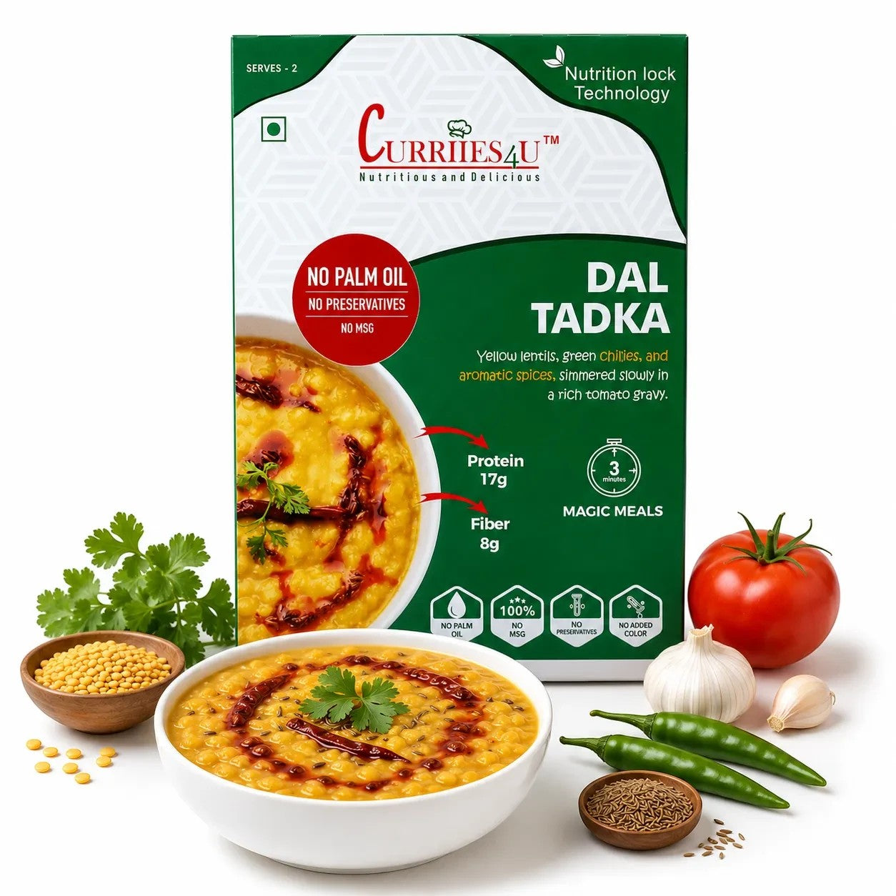Curriies4u Dal Tadka ready-to-eat gourmet meal pack with natural ingredients, protein, and fiber.