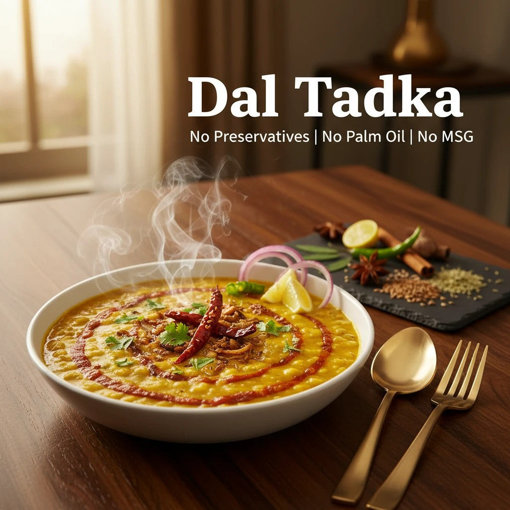 Curriies4u Dal Tadka ready-to-eat meal with fresh spices, served hot in a white bowl on a wooden table.