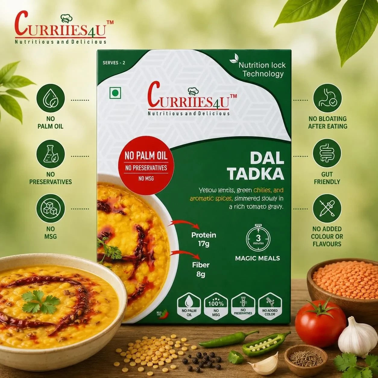 Curriies4u Dal Tadka ready-to-eat meal box with a bowl of yellow lentil curry, fresh spices, and ingredients.