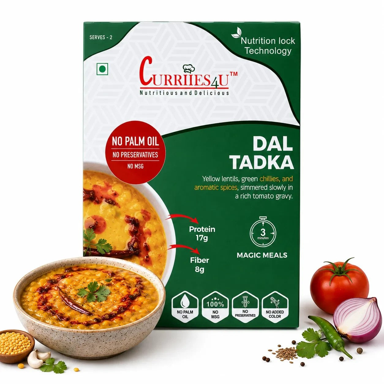 Curriies4u Dal Tadka ready-to-eat meal box with a bowl of yellow lentils, fresh tomato, onion, and spices.