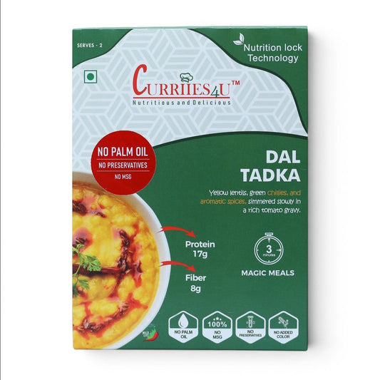 Curriies4u Ready to Eat Dal Tadka packaging featuring yellow lentils, green chilies, and spices in a tomato gravy.