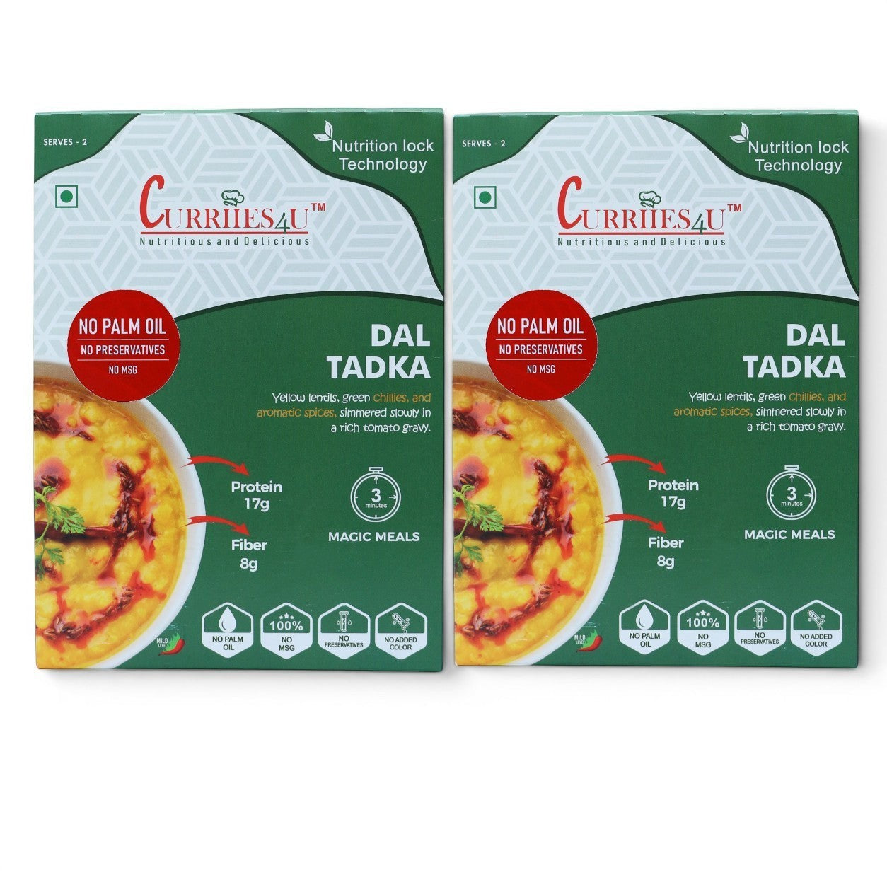 Two Curriies4u Dal Tadka ready-to-eat meal packs featuring yellow lentils, tomato gravy, and nutritional information.