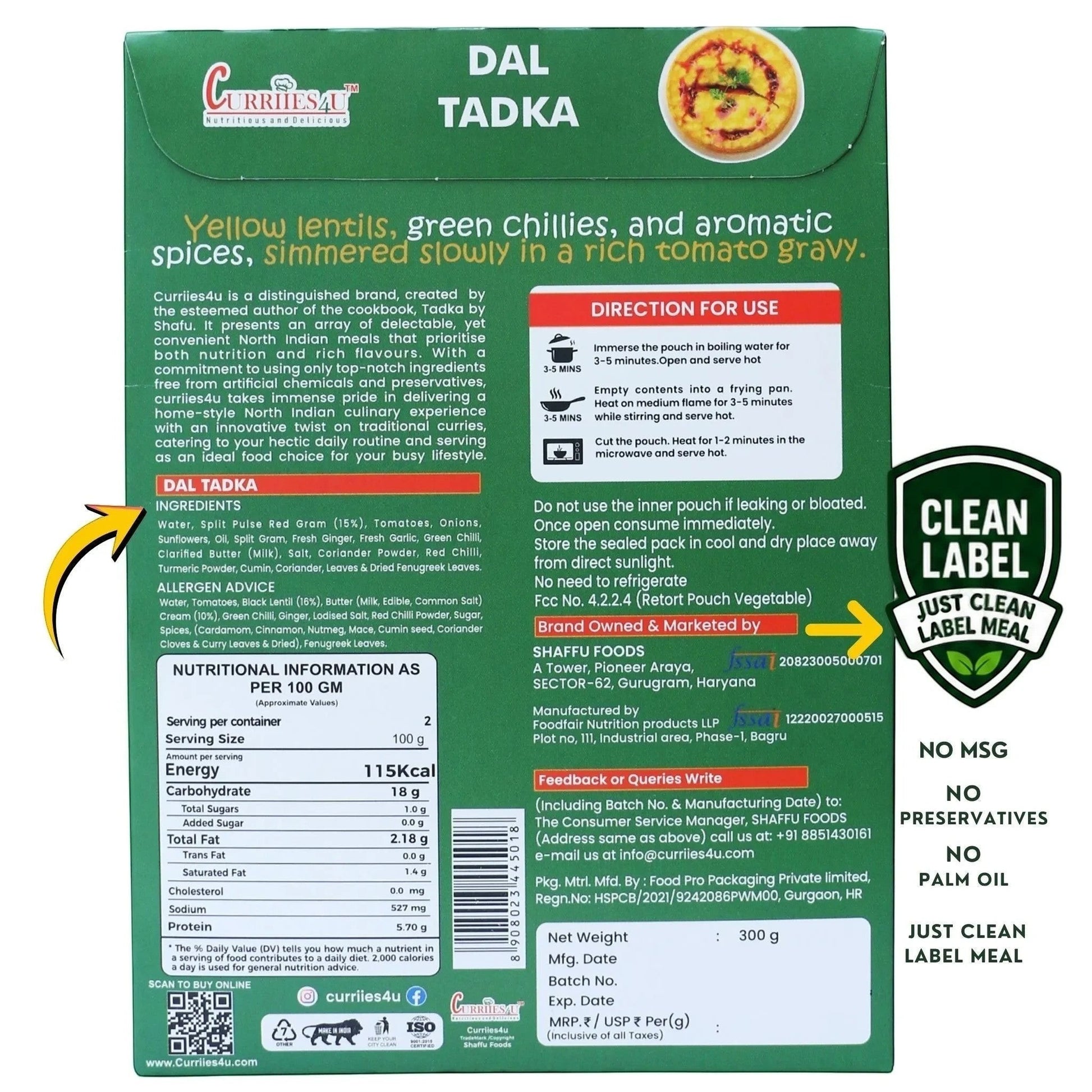 Back of Curriies4u Dal Tadka ready-to-eat meal pouch showing ingredients, nutrition facts, and preparation instructions.