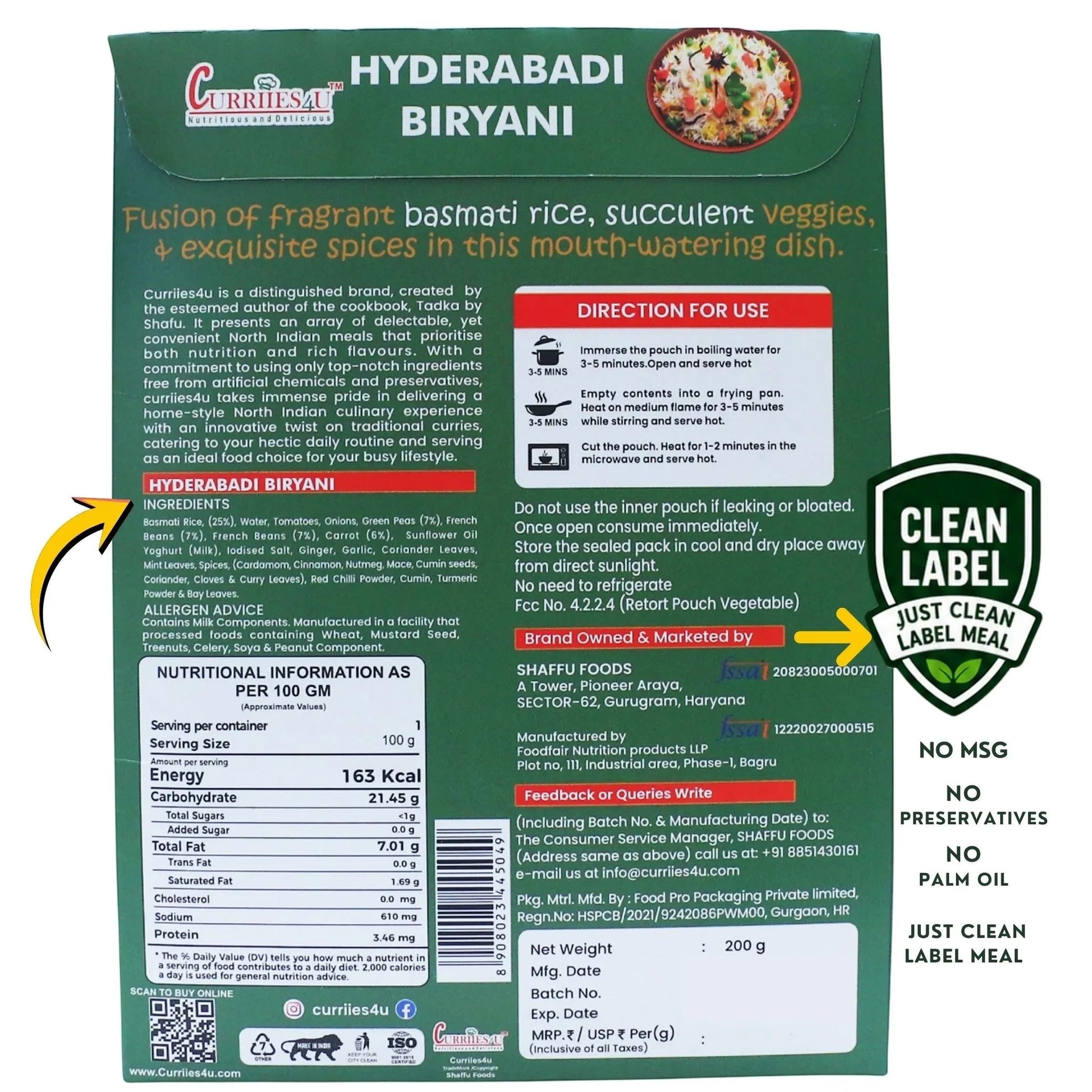 Curriies4u Hyderabadi Biryani ready-to-eat meal packaging with nutritional info, ingredients, and clean label details.