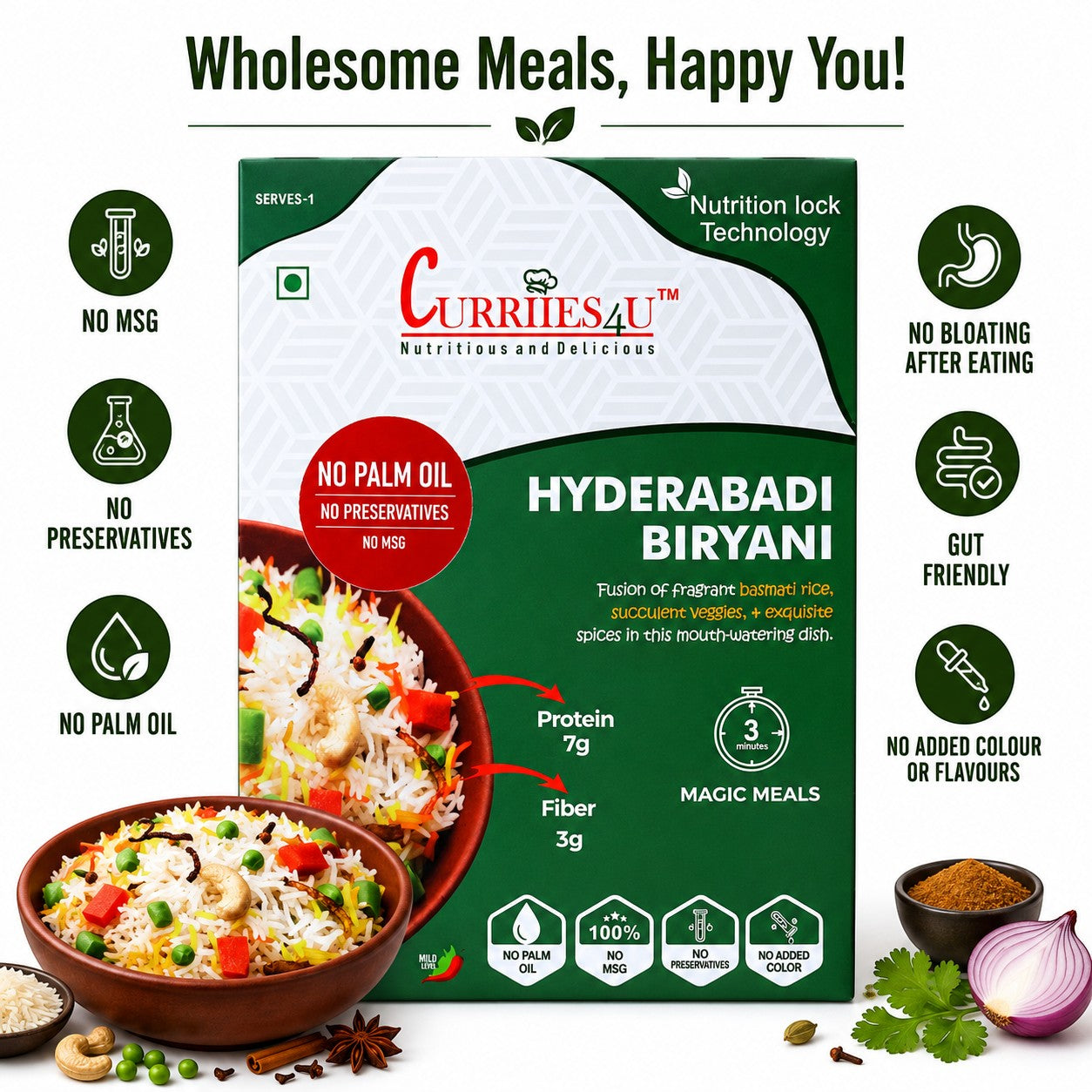 Curriies4u Hyderabadi Biryani ready-to-eat meal box with clean label ingredients, no palm oil, and no preservatives.