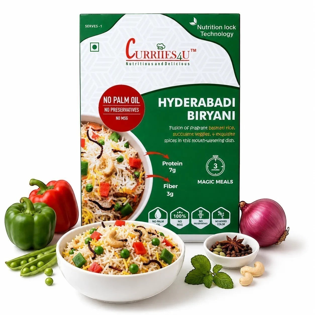 Curriies4u Hyderabadi Biryani ready-to-eat meal box with a bowl of vegetable biryani, fresh peppers, and spices.