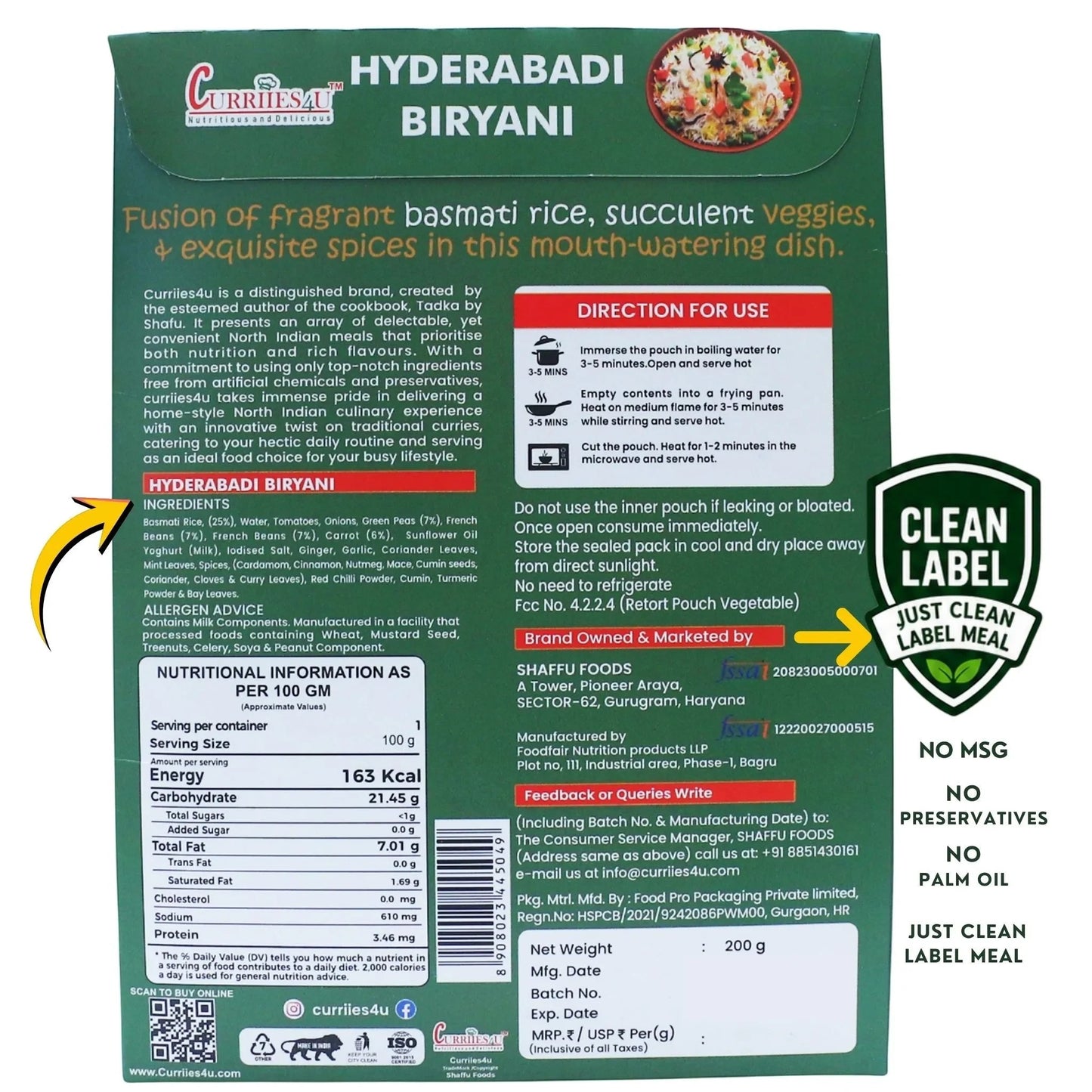 Back of Curriies4u Hyderabadi Biryani ready-to-eat meal pouch showing ingredients, nutrition facts, and instructions.