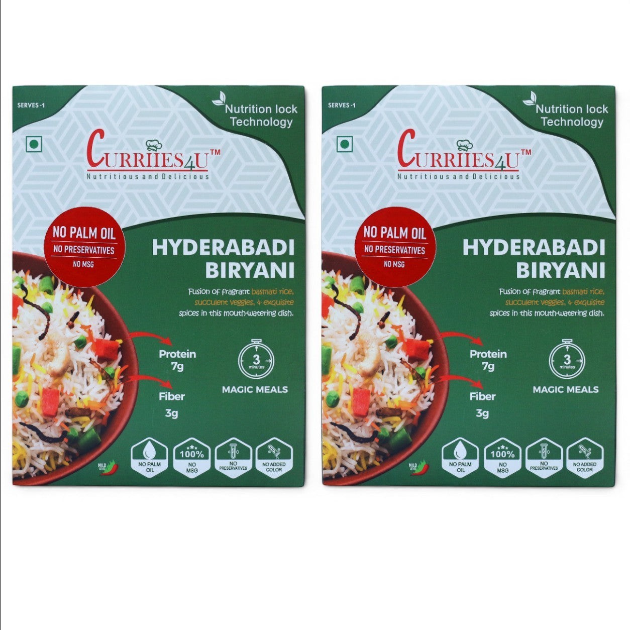 Two Curriies4u Hyderabadi Veg Biryani ready-to-eat meal packs featuring basmati rice, vegetables, and spice details.