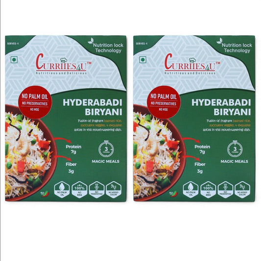 Two Curriies4u Hyderabadi Veg Biryani ready-to-eat meal packs featuring basmati rice, vegetables, and spice details.