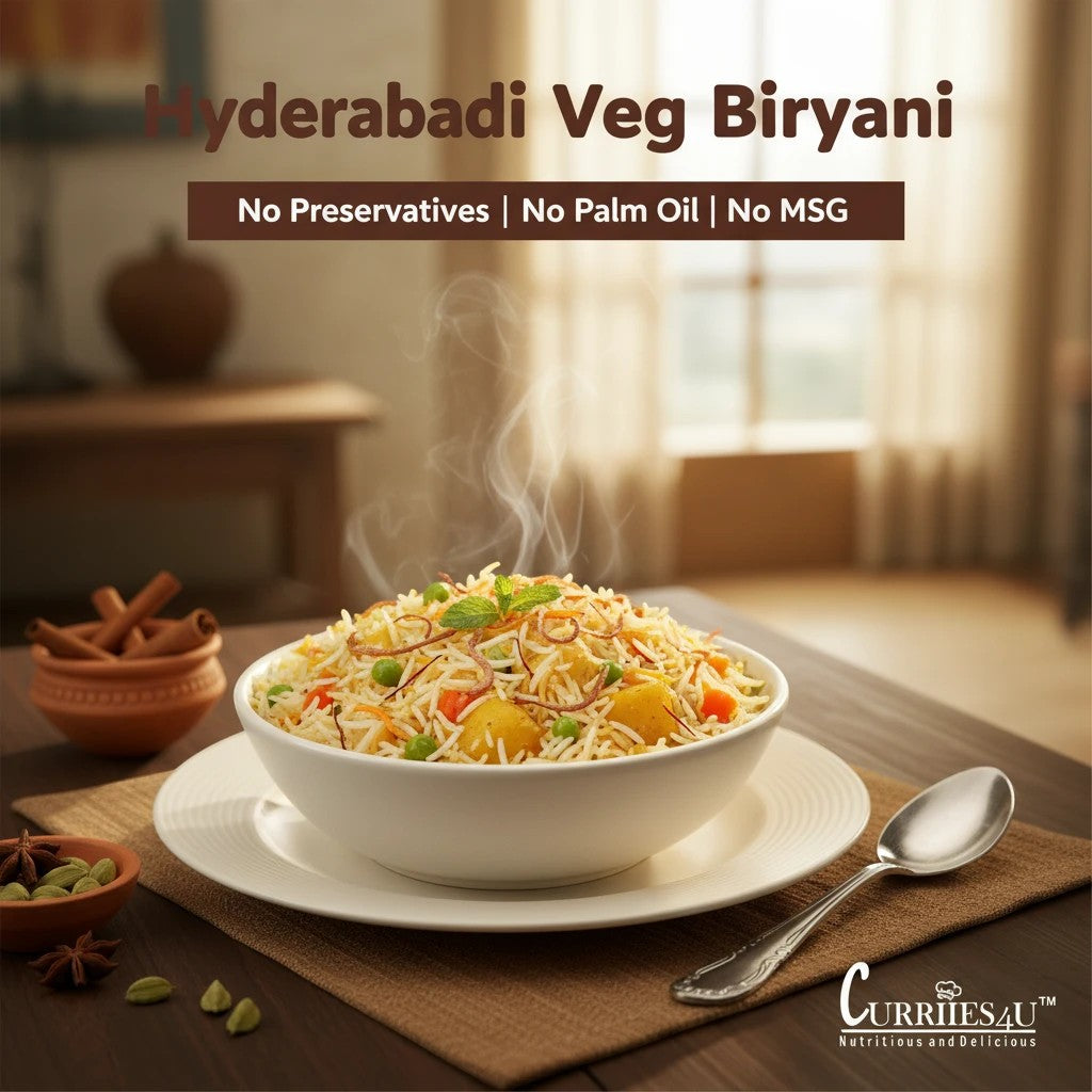 Curriies4u ready-to-eat Hyderabadi vegetable biryani in a white bowl with steam, garnished with mint and fried onions.