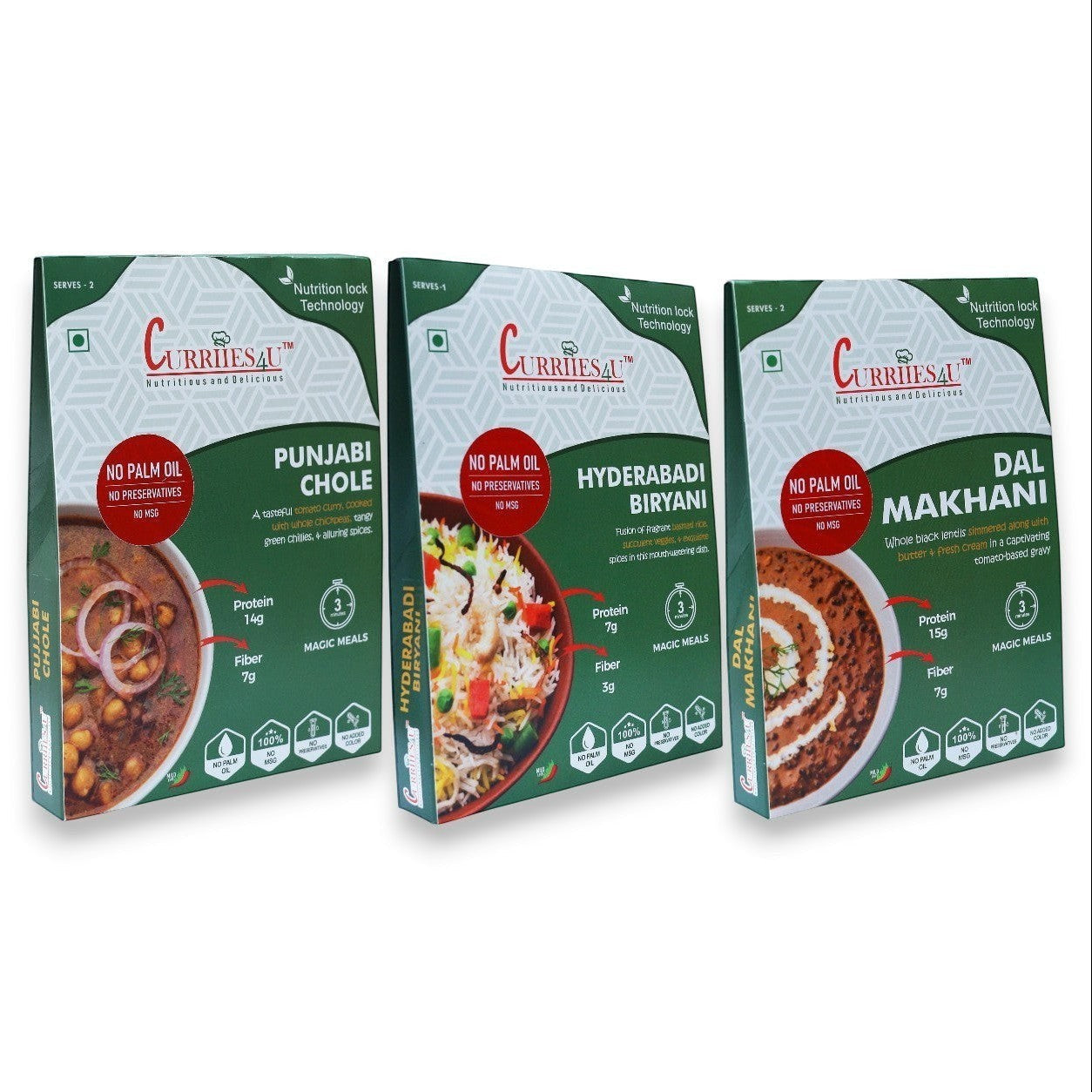 Curriies4u ready-to-eat Indian meal variety pack featuring Punjabi Chole, Hyderabadi Biryani, and Dal Makhani.
