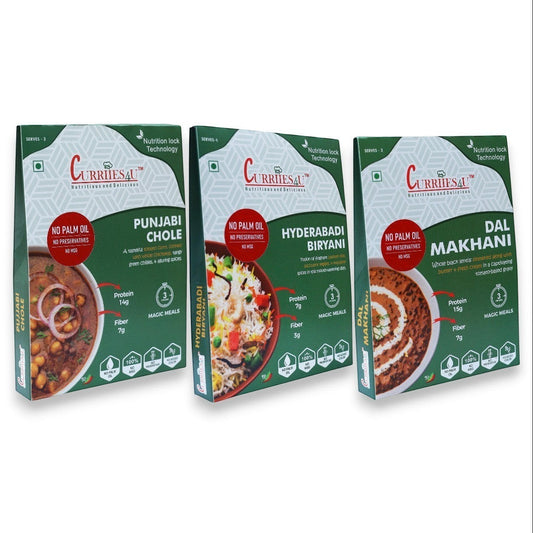 Curriies4u ready-to-eat Indian meal variety pack featuring Punjabi Chole, Hyderabadi Biryani, and Dal Makhani.