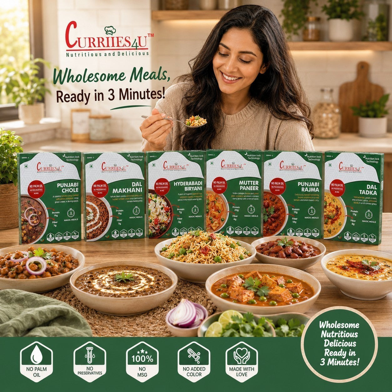 Woman smiling while eating Curriies4u ready-to-eat Indian meal variety pack with bowls of curry and biryani on table