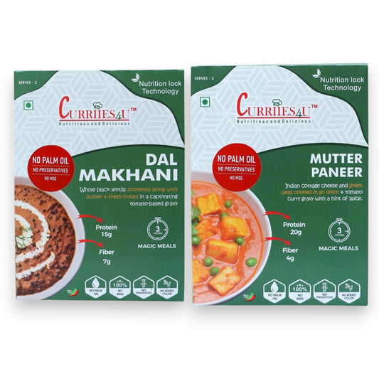 Curriies4u ready-to-eat Dal Makhani and Mutter Paneer meal variety pack with natural ingredients and no preservatives.