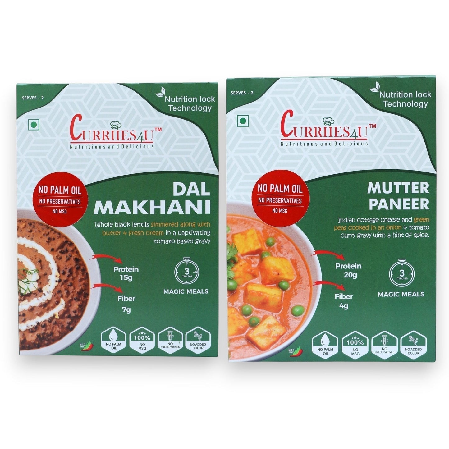 Curriies4u ready-to-eat Dal Makhani and Mutter Paneer meal variety pack with natural ingredients and no preservatives.