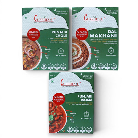 Curriies4u ready-to-eat Indian meal variety pack featuring Punjabi Chole, Dal Makhani, and Punjabi Rajma boxes.