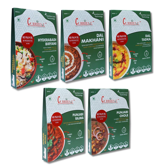 Curriies4u ready-to-eat Indian meal combo pack featuring Hyderabadi Biryani, Dal Makhani, Dal Tadka, Rajma, and Chole.