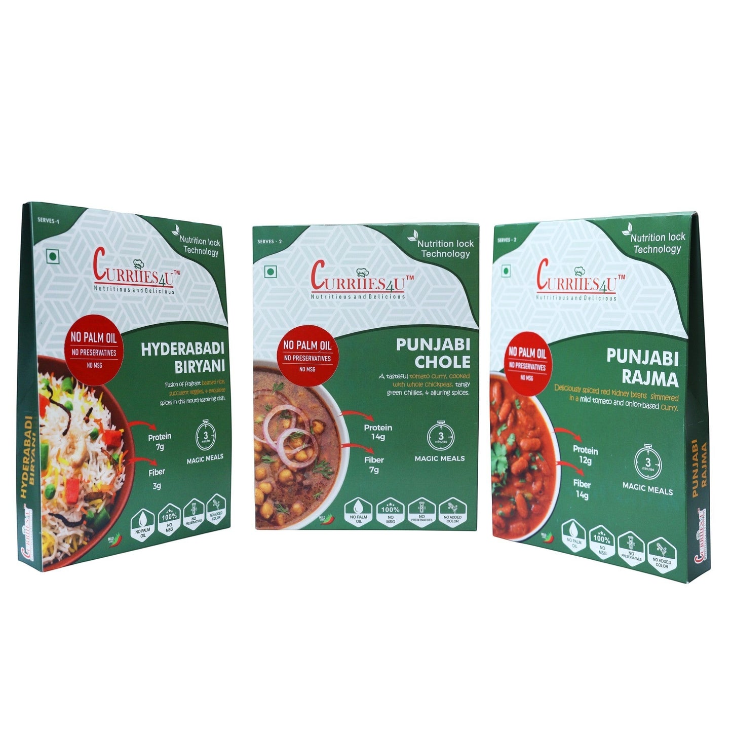 Curriies4u ready-to-eat combo pack featuring Hyderabadi Veg Biryani, Punjabi Chole, and Punjabi Rajma meal boxes.