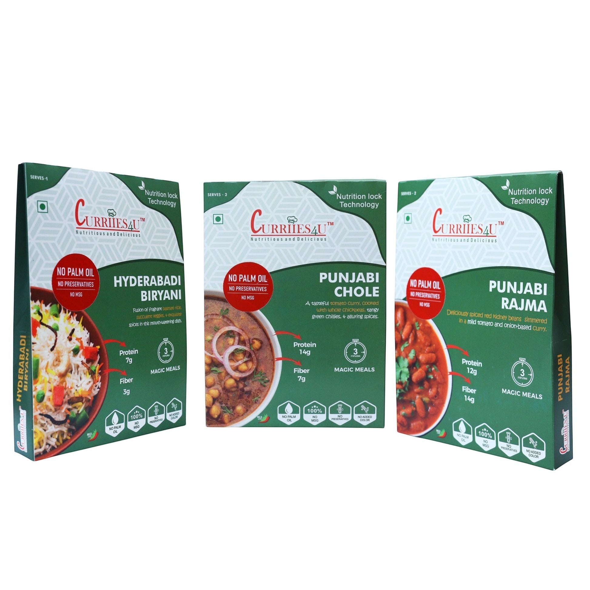 Curriies4u ready-to-eat combo pack featuring Hyderabadi Veg Biryani, Punjabi Chole, and Punjabi Rajma meal boxes.