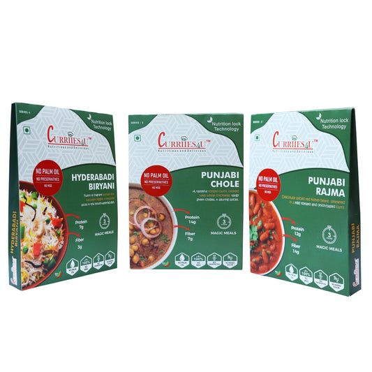 Curriies4u ready-to-eat Indian meal combo featuring Hyderabadi Veg Biryani, Punjabi Chole, and Punjabi Rajma boxes.