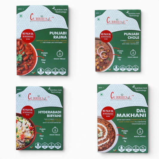 Curriies4u ready-to-eat Indian meal combo featuring Dal Makhani, Punjabi Chole, Punjabi Rajma, and Veg Biryani boxes.