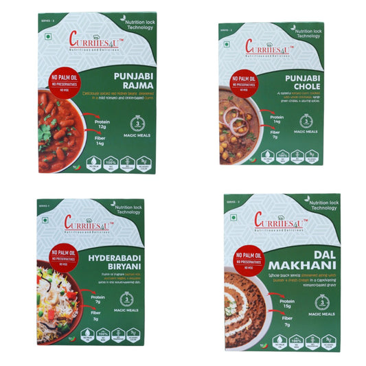 Curriies4u ready-to-eat Indian meal combo featuring Dal Makhani, Punjabi Chole, Punjabi Rajma, and Veg Biryani boxes.