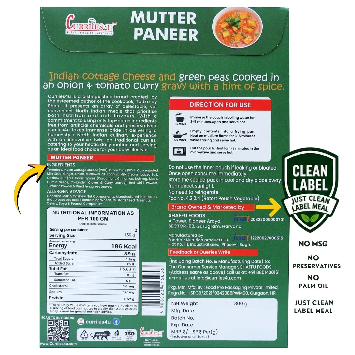 Back of Curriies4u Mutter Paneer packaging showing ingredients, nutritional facts, and clean label certifications.