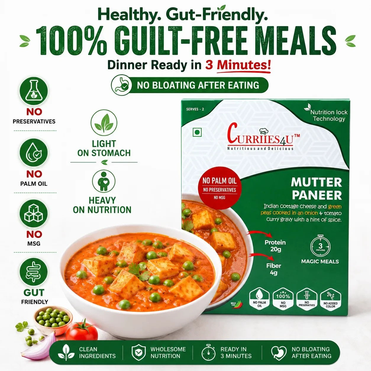 Curriies4u Mutter Paneer ready-to-eat Indian meal box with a bowl of creamy cottage cheese and green pea curry.