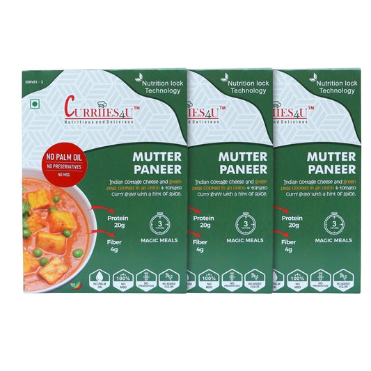 Curriies4u Mutter Paneer ready-to-eat meal pack of 3 featuring Indian cottage cheese and peas in tomato gravy.