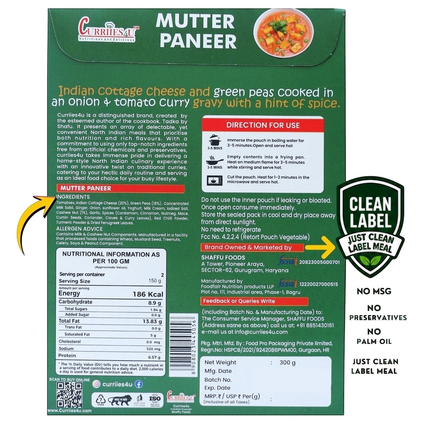 Curriies4u Mutter Paneer ready-to-eat Indian meal packaging with ingredient list and nutritional information.