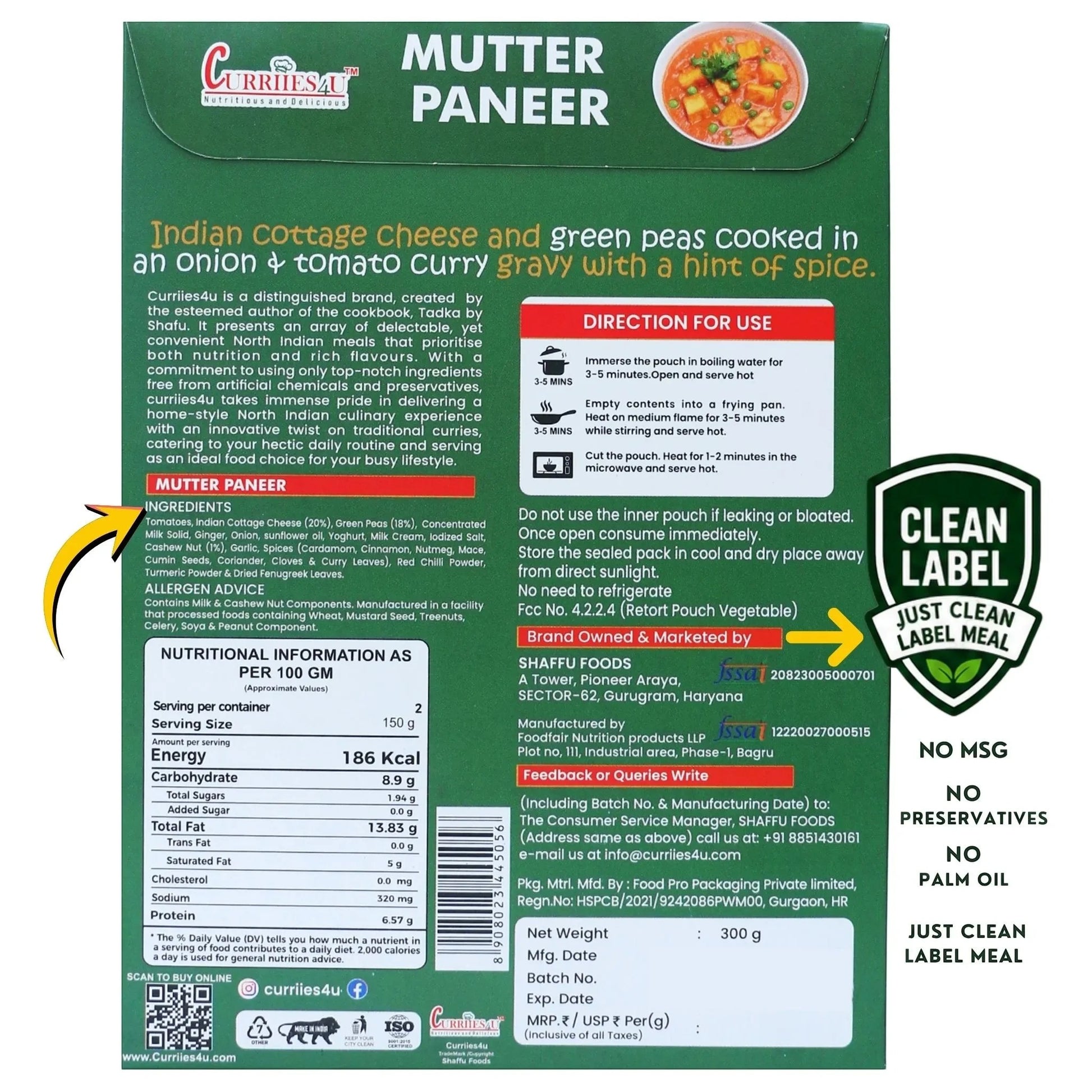 Back of Curriies4u Mutter Paneer packaging showing ingredients, nutritional facts, and preparation instructions.