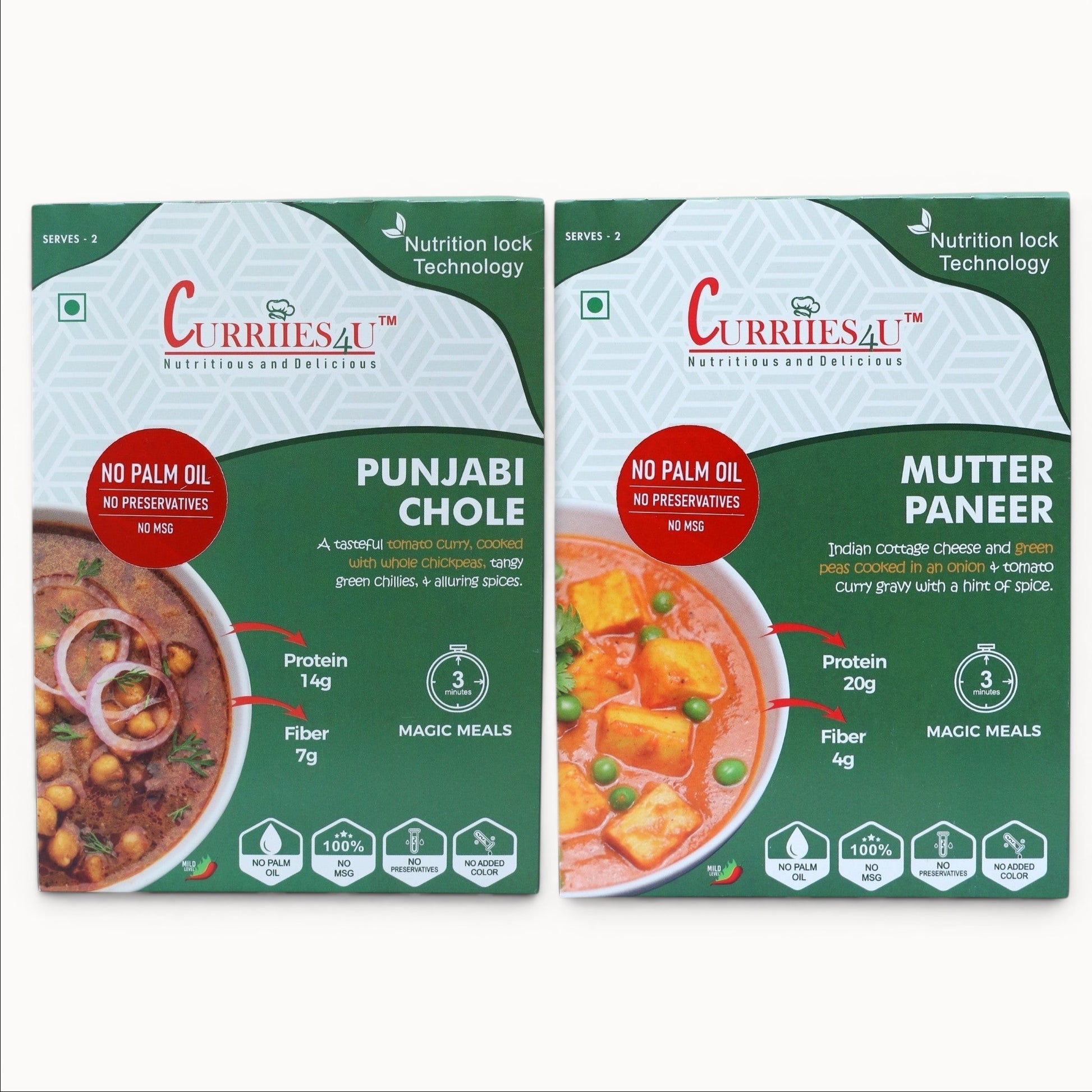 Curriies4u Punjabi Chole and Mutter Paneer ready-to-eat meal combo packs with nutritional information and ingredients.