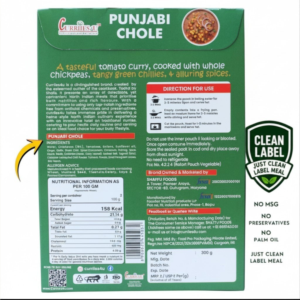 Back of Curriies4u Punjabi Chole packaging with nutrition facts, ingredients, and preparation instructions.