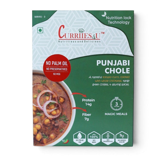 Curriies4u ready-to-eat Punjabi Chole packaging featuring a bowl of chickpea curry with onions and nutritional facts.